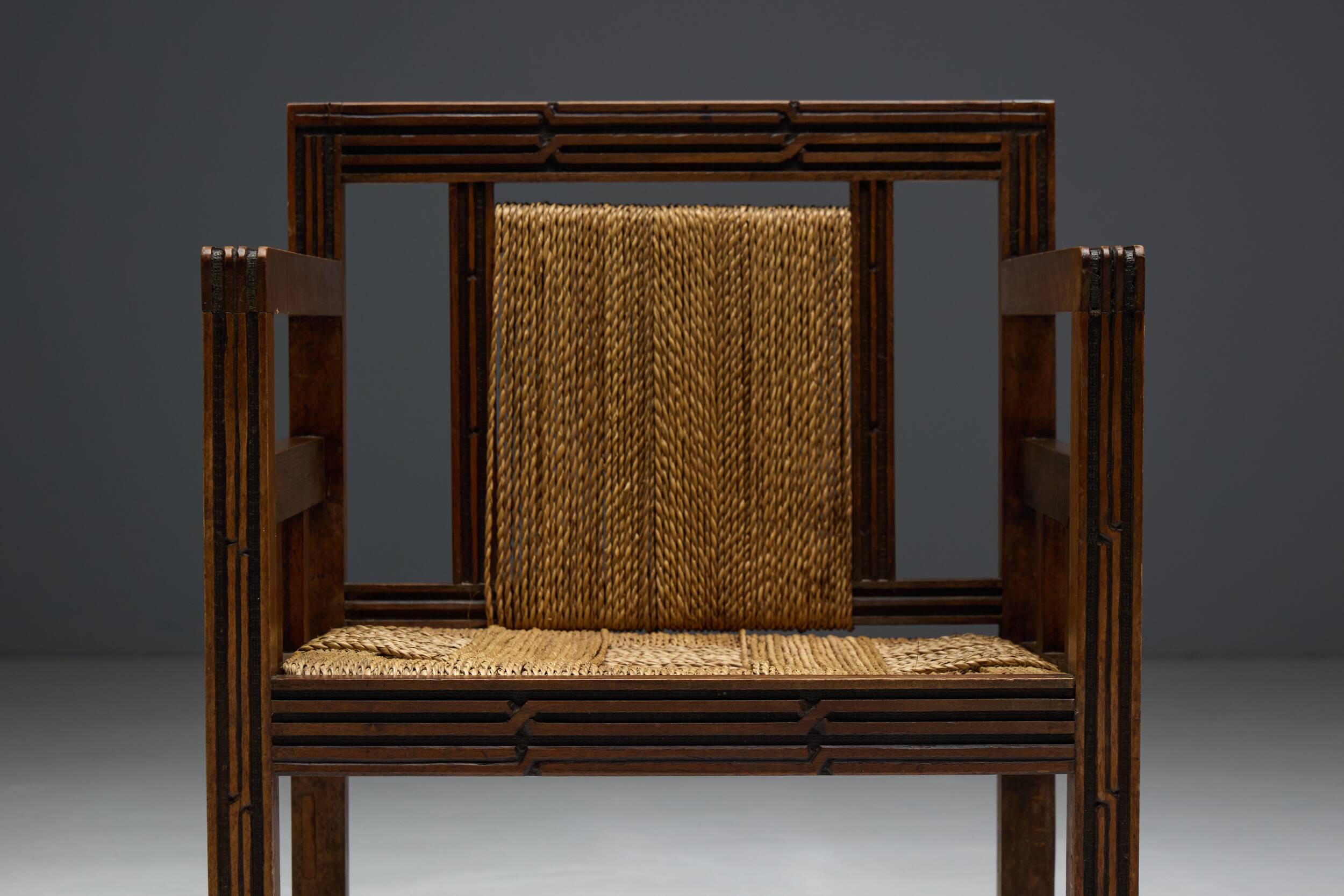 Art Deco Wooden Armchair with Rush Seat, France, 1920s