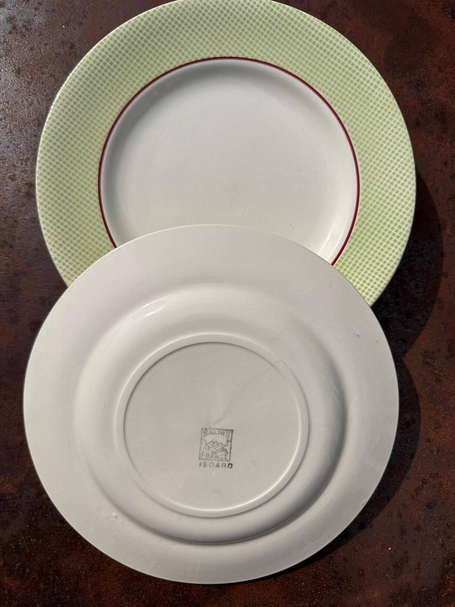 Set of 5 Salins Isoard model plates in vintage green earthenware.