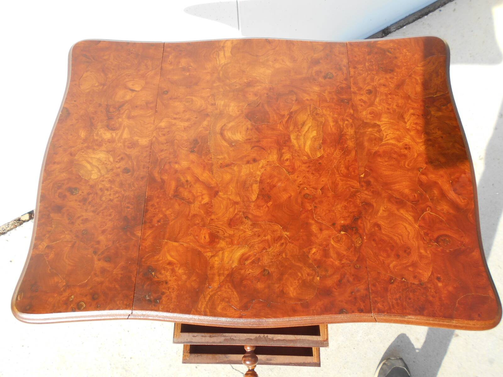 Bedside table with large flap top in burl walnut
