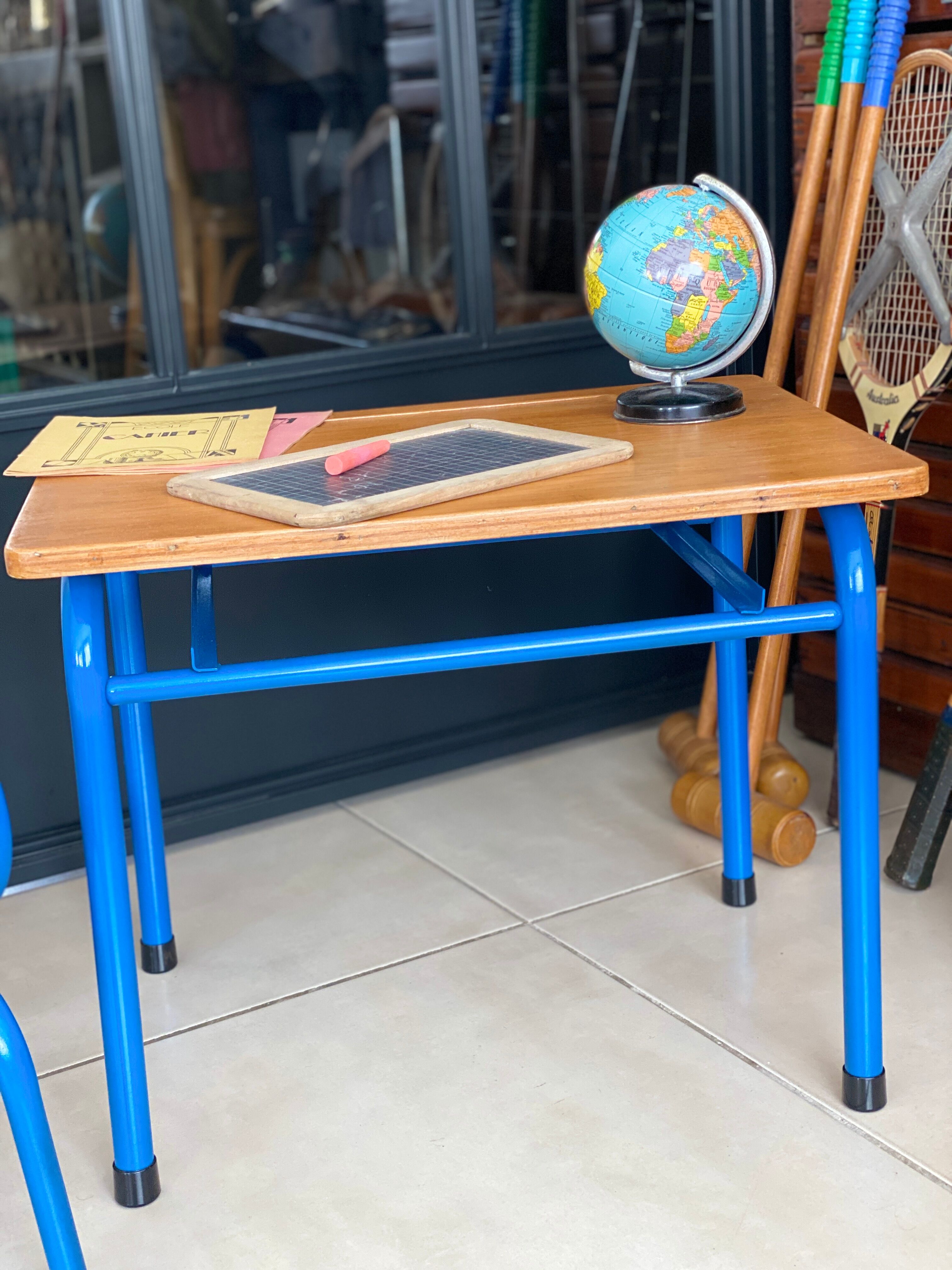 Blue desk and school chair set  design Jacques Hitier