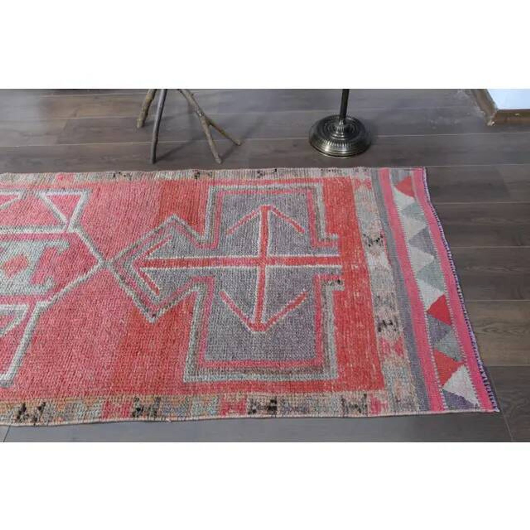 1970s Vintage Turkish Oushak Handmade Wool Cotton Pink Runner Rug 93X323