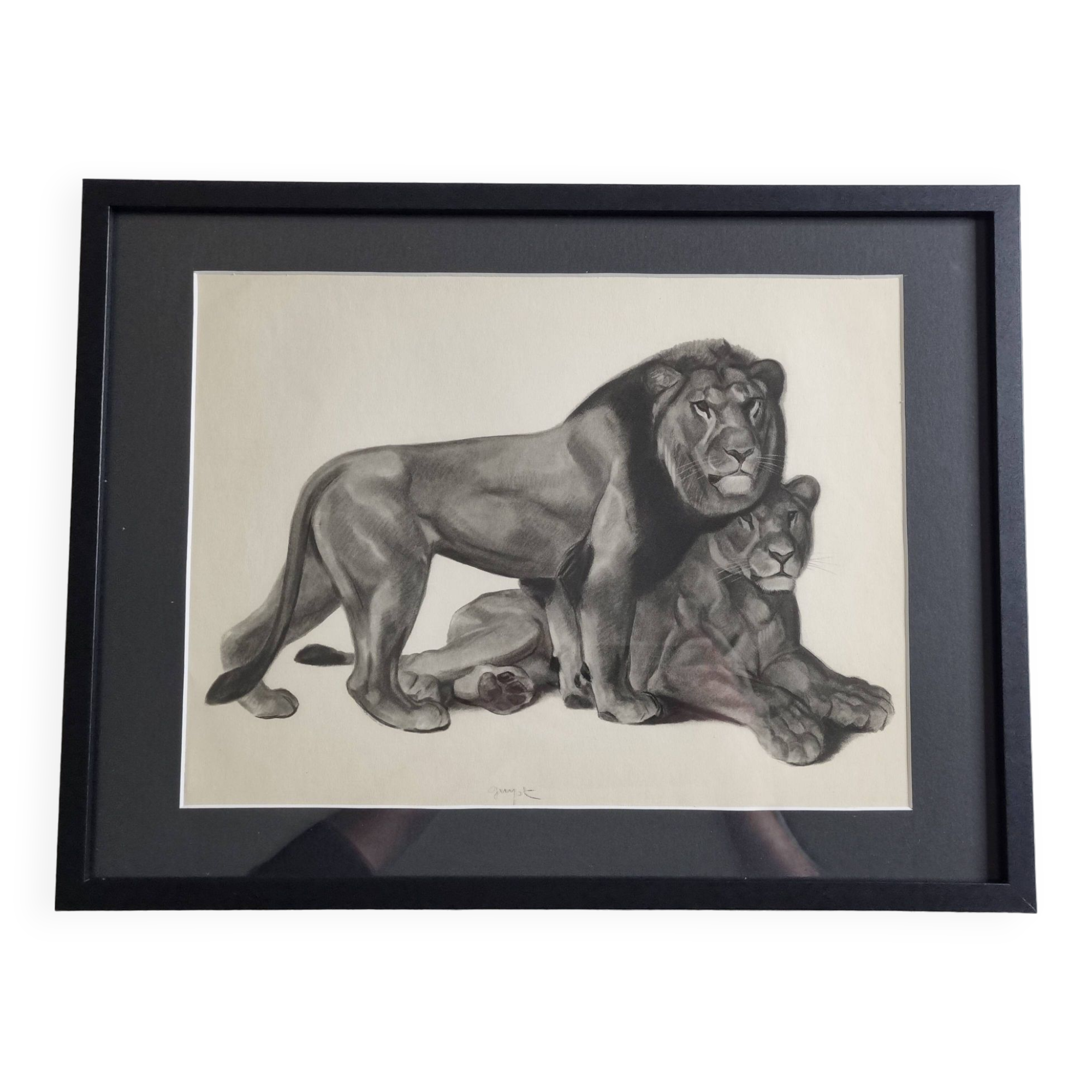 Print after Gorges Guyot, "couple of Lions", 1937, framed, 41 x 32 cm