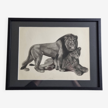 Print after Gorges Guyot, "couple of Lions", 1937, framed, 41 x 32 cm