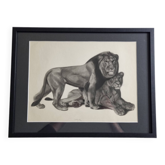 Estampe d'après Gorges Guyot, "couple de Lions", 1937, encadrée, 41 x 32 cm