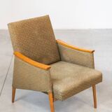 Pair of vintage armchairs in oak and embossed fabric, with old republished certificate of authenticity