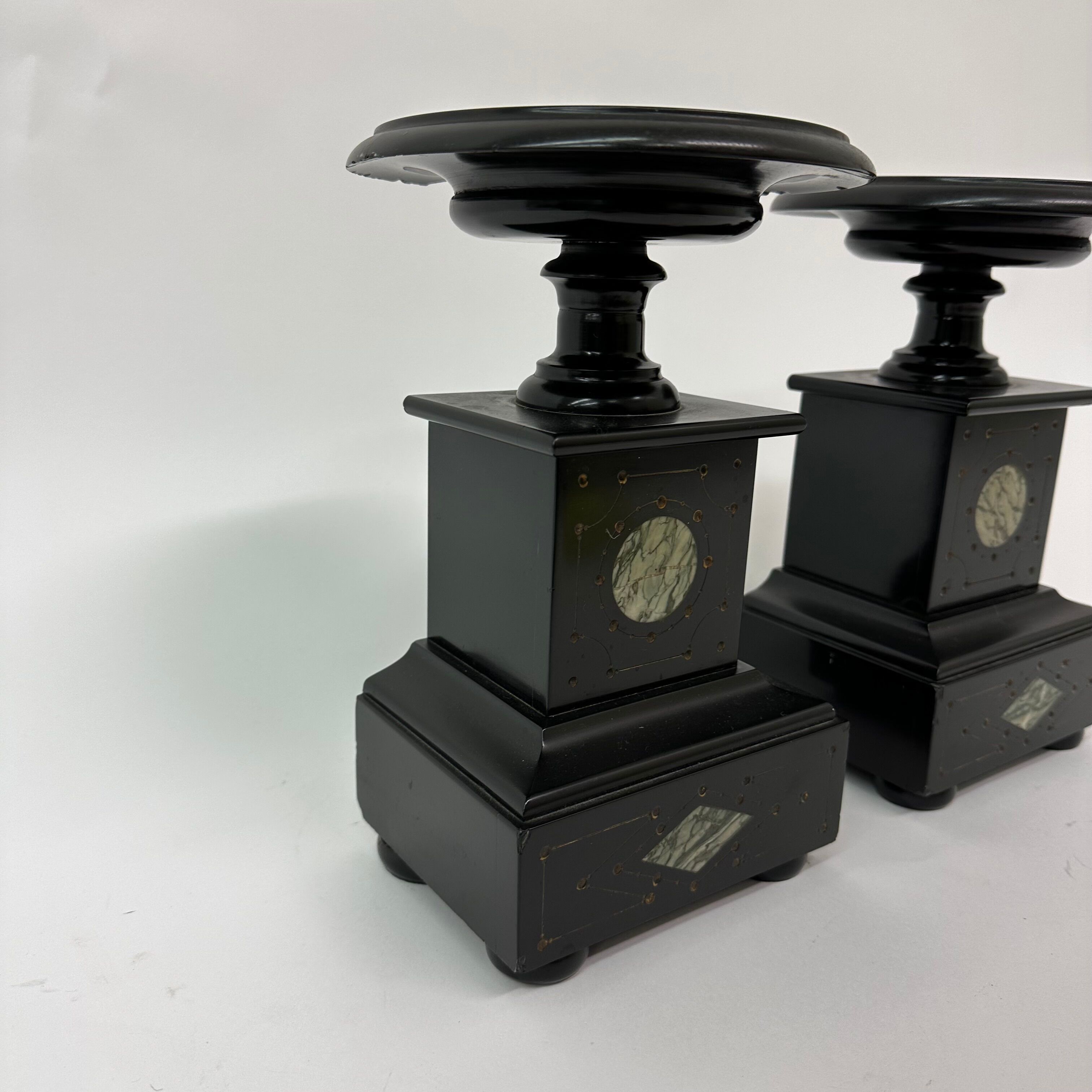 Set of 2 antique black marble candle stands, 1930's Art deco