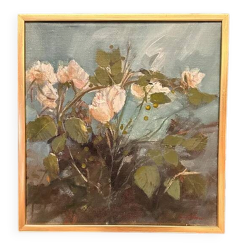 Original Swedish Oil on Canvas – “White Flowers” by M. Jakobsson – Signed – Vintage & Framed – 46 × 44 cm (18.1" × 17.3")