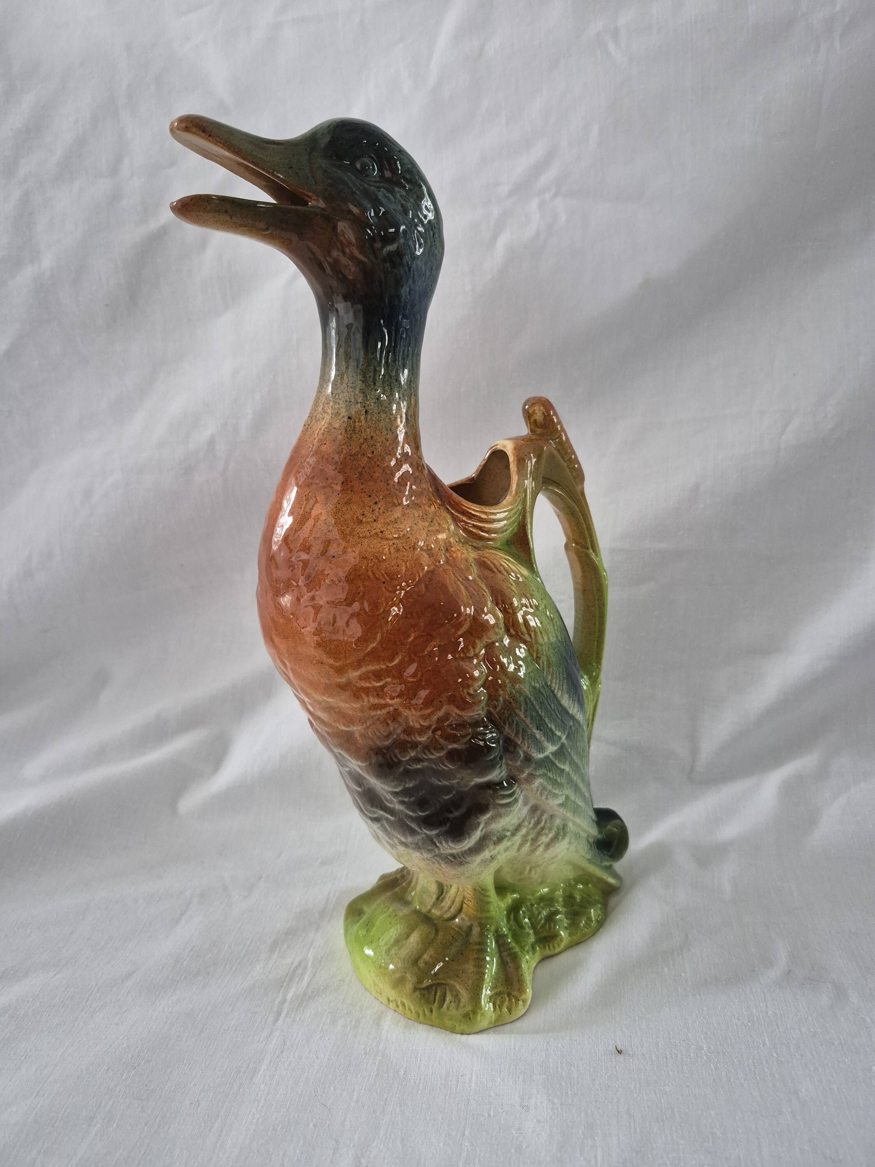 Old barbotine jug Saint Clément Mallard Duck A027