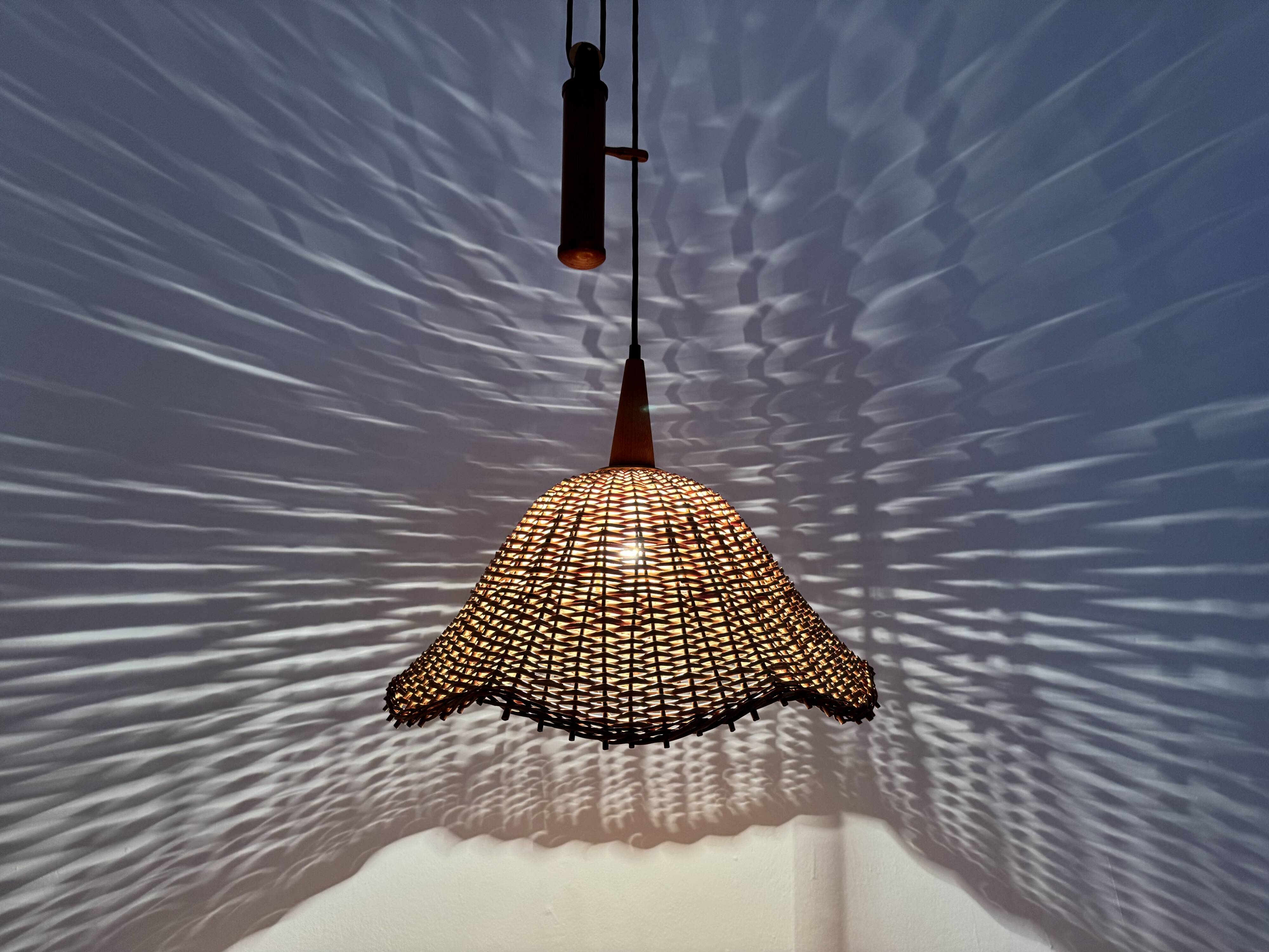 Adjustable Wicker and Teak Pendant Lamp