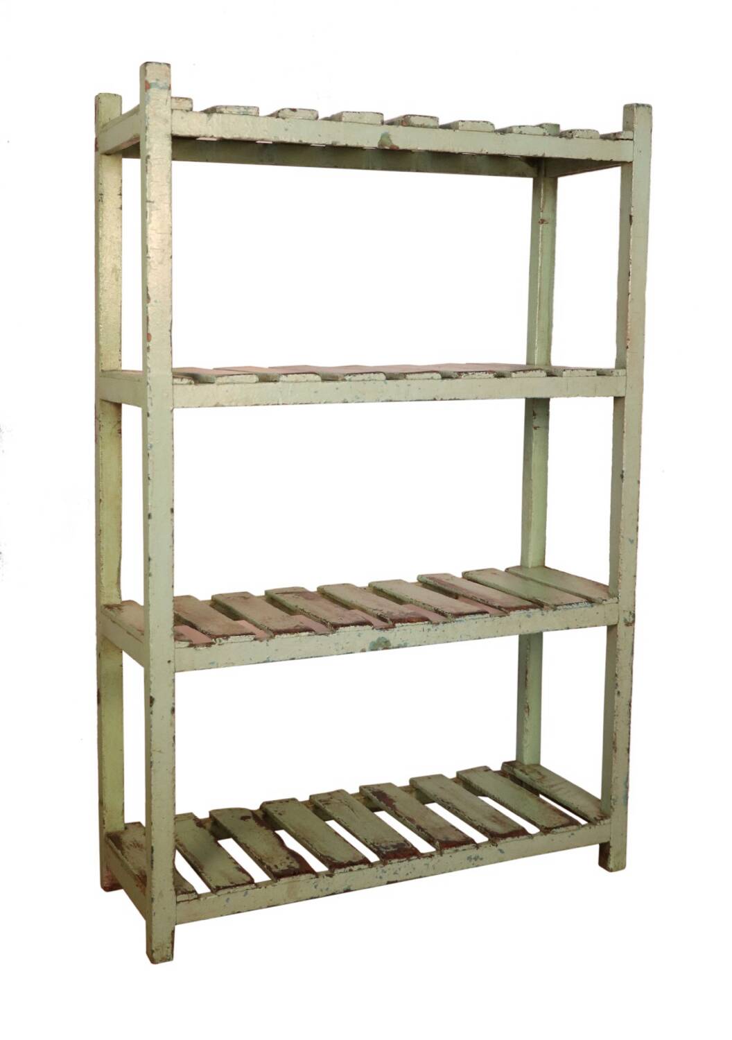 Ancienne étagère d’atelier en teck birman patine verte d’origine