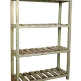 Old workshop shelf in Burmese teak with original green patina