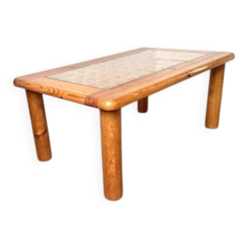 Table basse scandinave en pin massif et verre, années 70