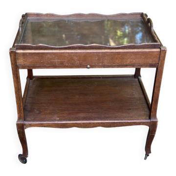 Bar roulant extensible en bois massif  avec plateau en verre des années 30