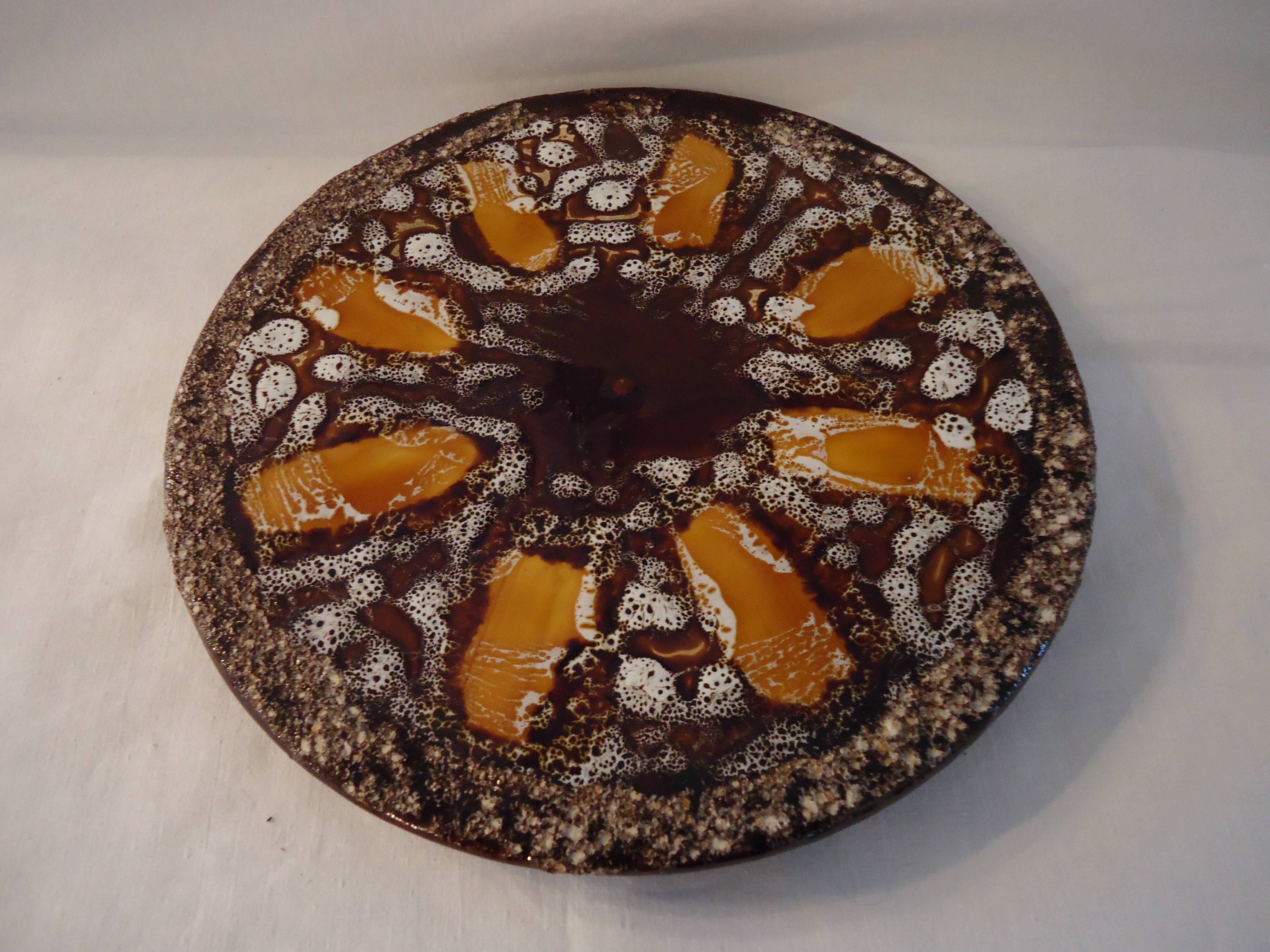 Round plate Vallauris glazed ceramic in brown and orange and Fat Lava A036