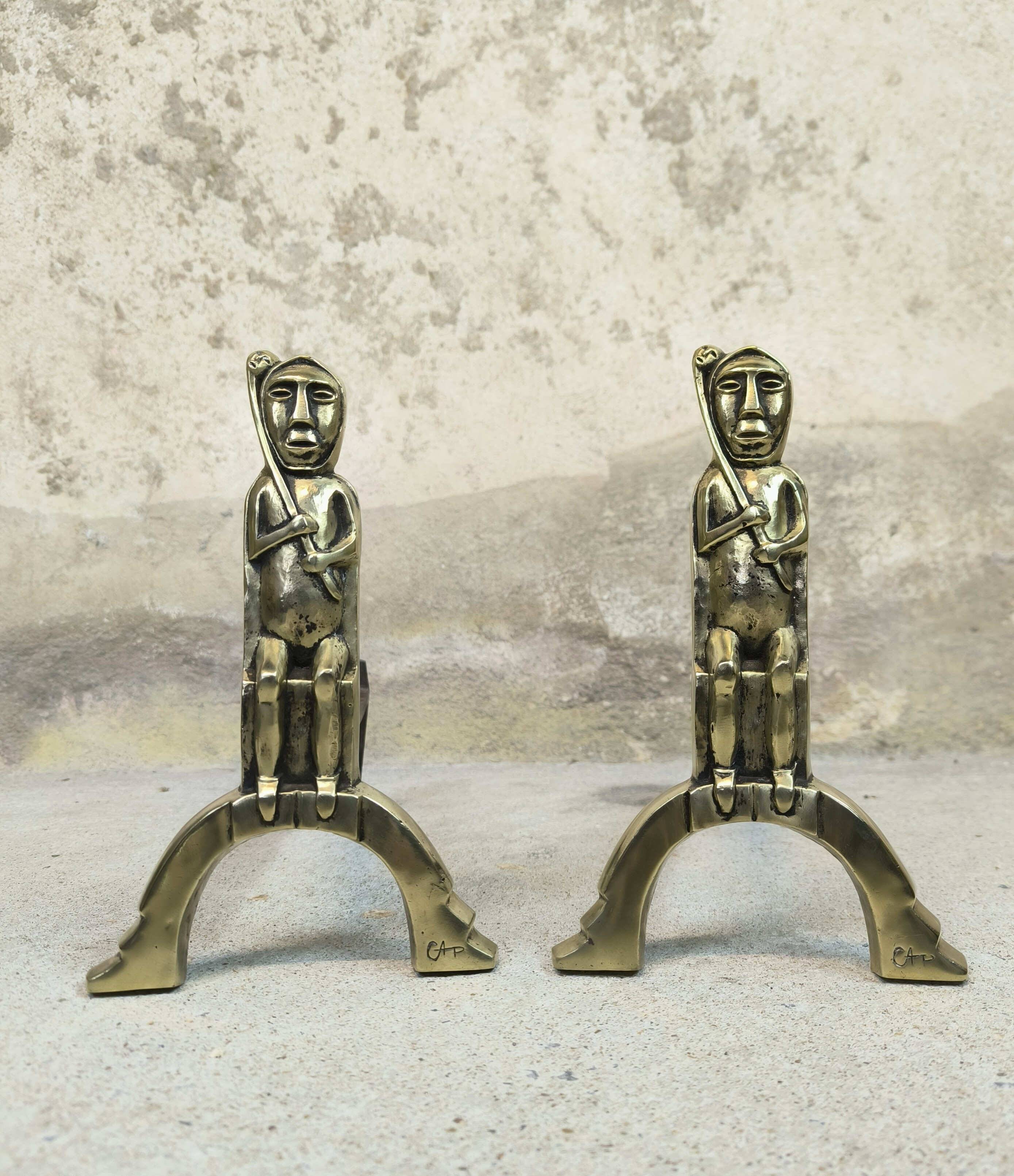 Pair of bronze "Shamans" andirons by Anton Prinner