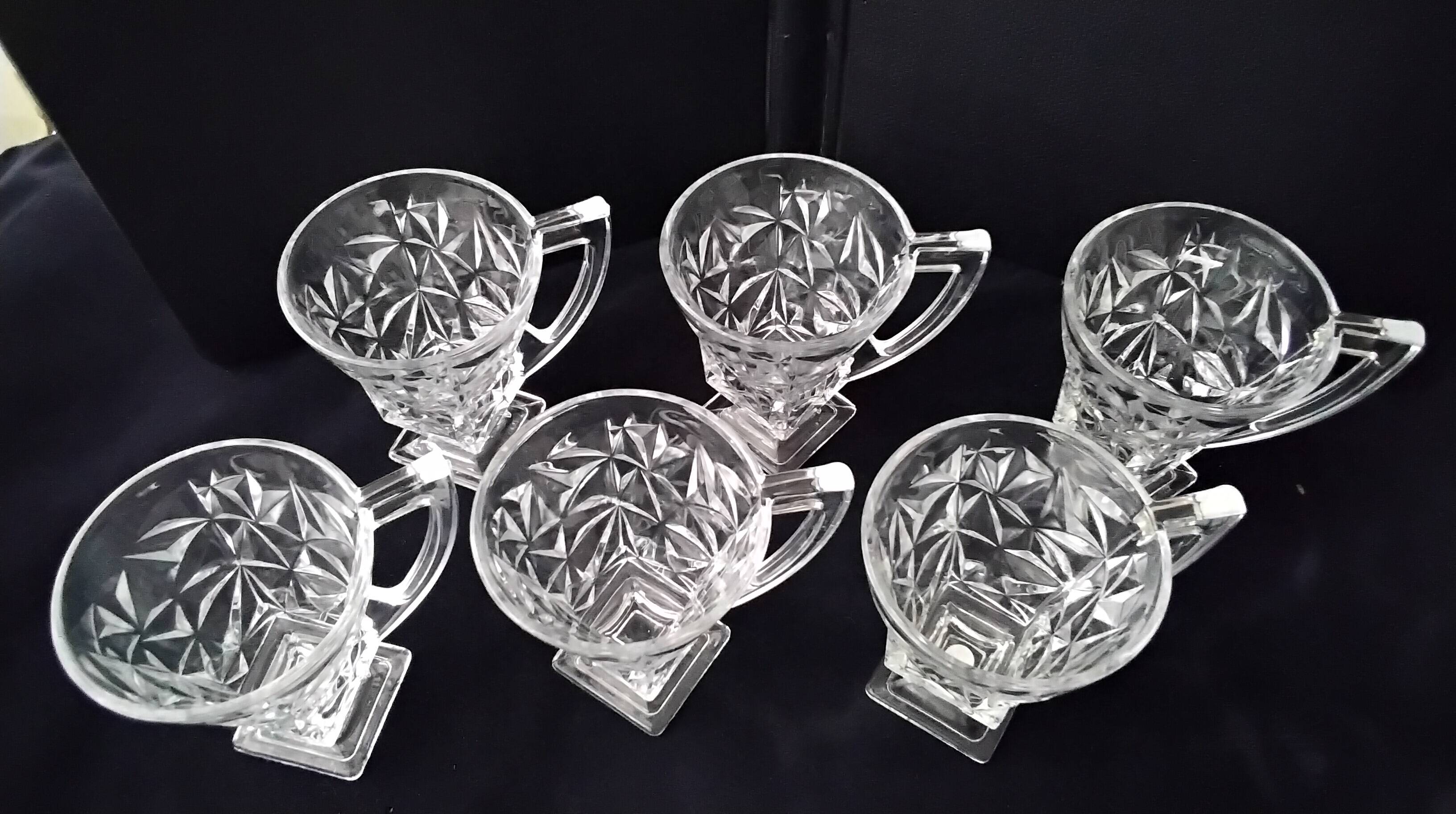 6 tea glasses with handles made of pressed moulded glass
