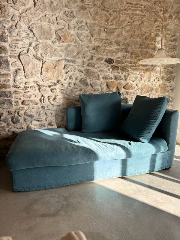 Méridienne Caravane – chaise longue en lin bleu canard