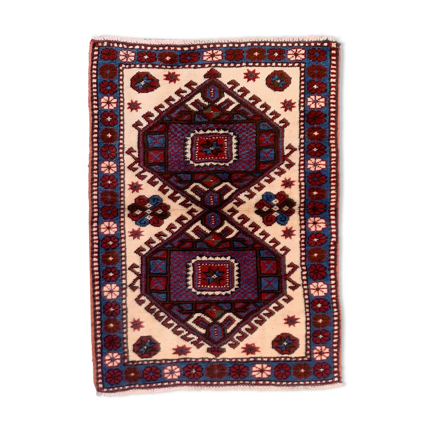 Old turkish kazak rug 129x91 cm vintage tribal carpet, red and blue large
