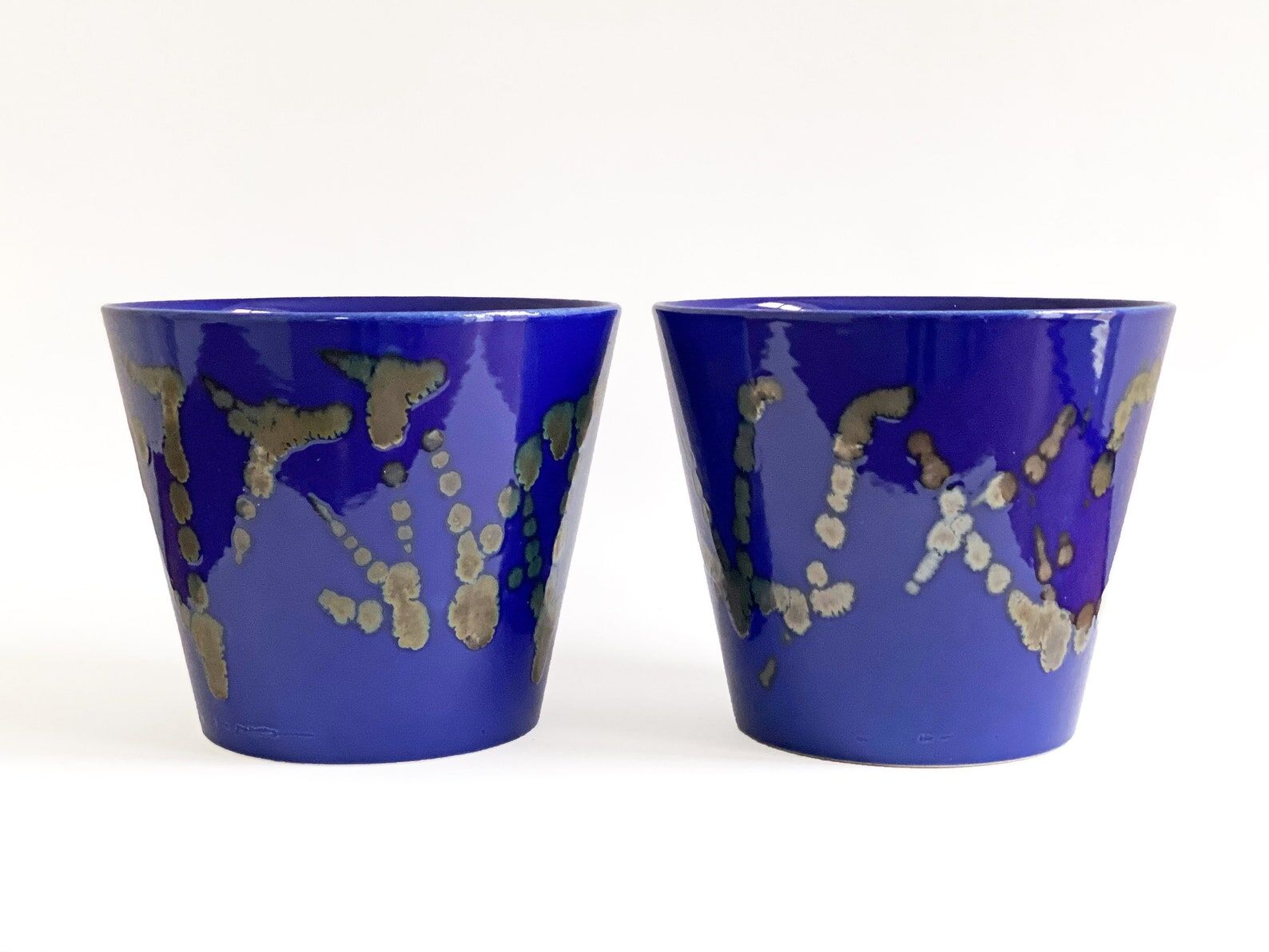 Set of 2 blue West German ceramic planters / flower pots