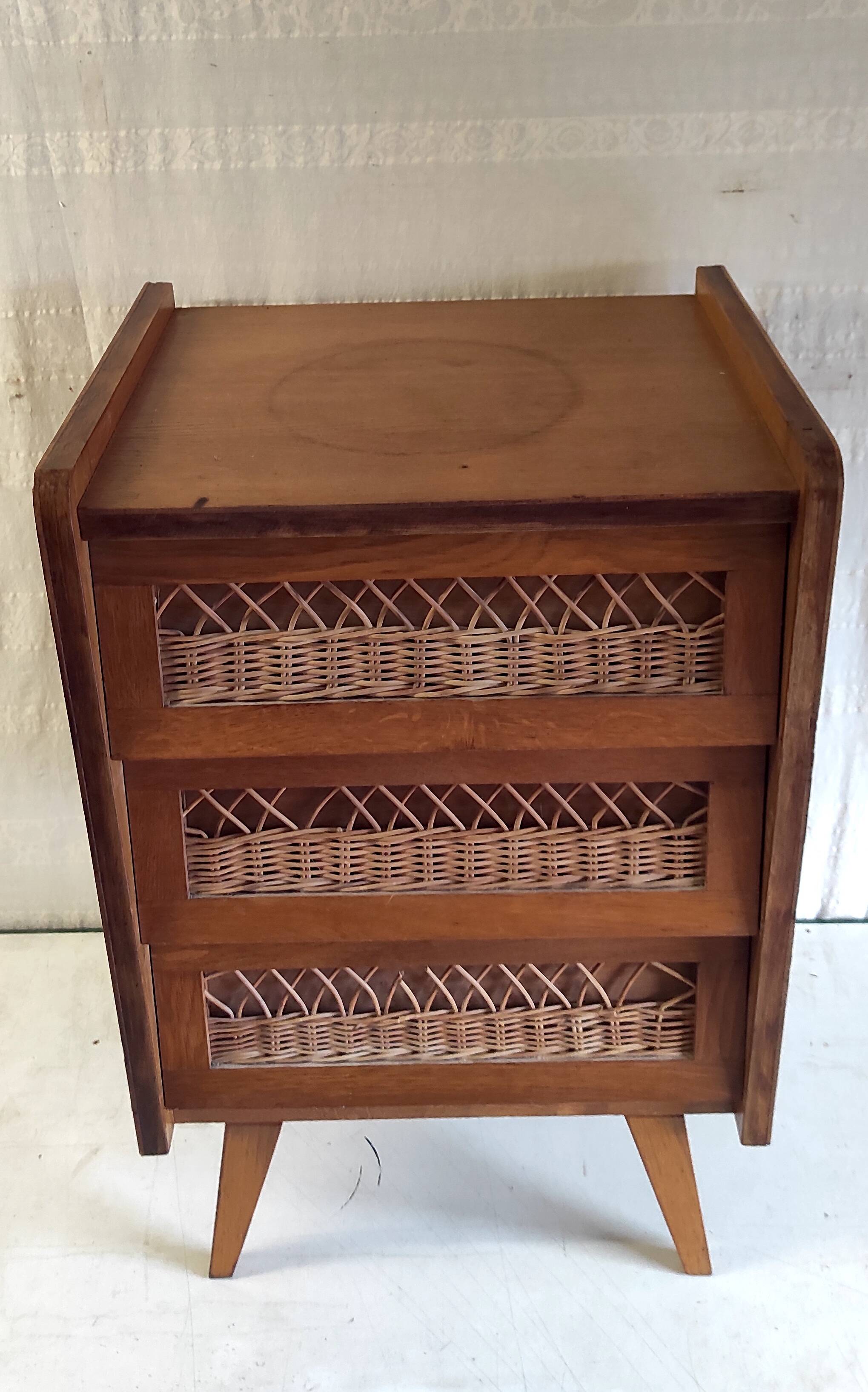 Vintage solid wood chest of drawers with rattan decor - 60s/70s