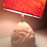 Ovoid lamp in carved stone and printed lampshade / vintage 60-70s