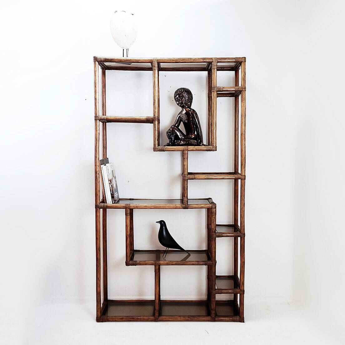 Asymmetrical bamboo and smoked glass shelf - 1970s