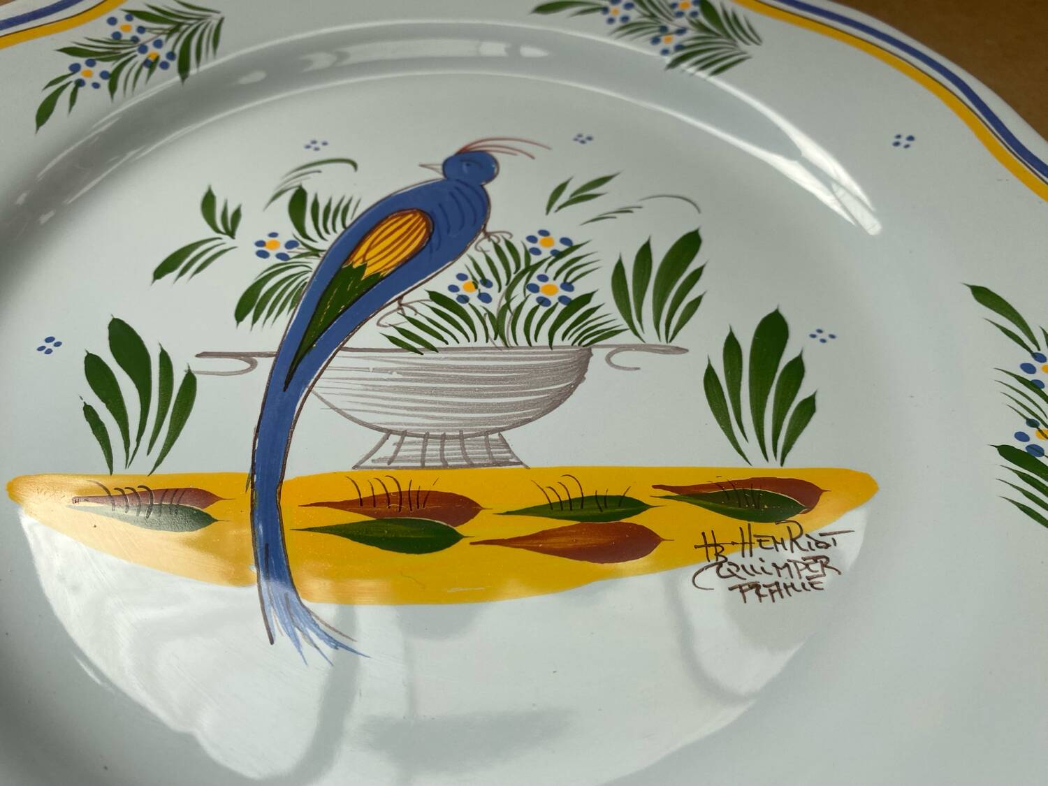 Old quimper henriot ceramic plate vintage bird decor #b190