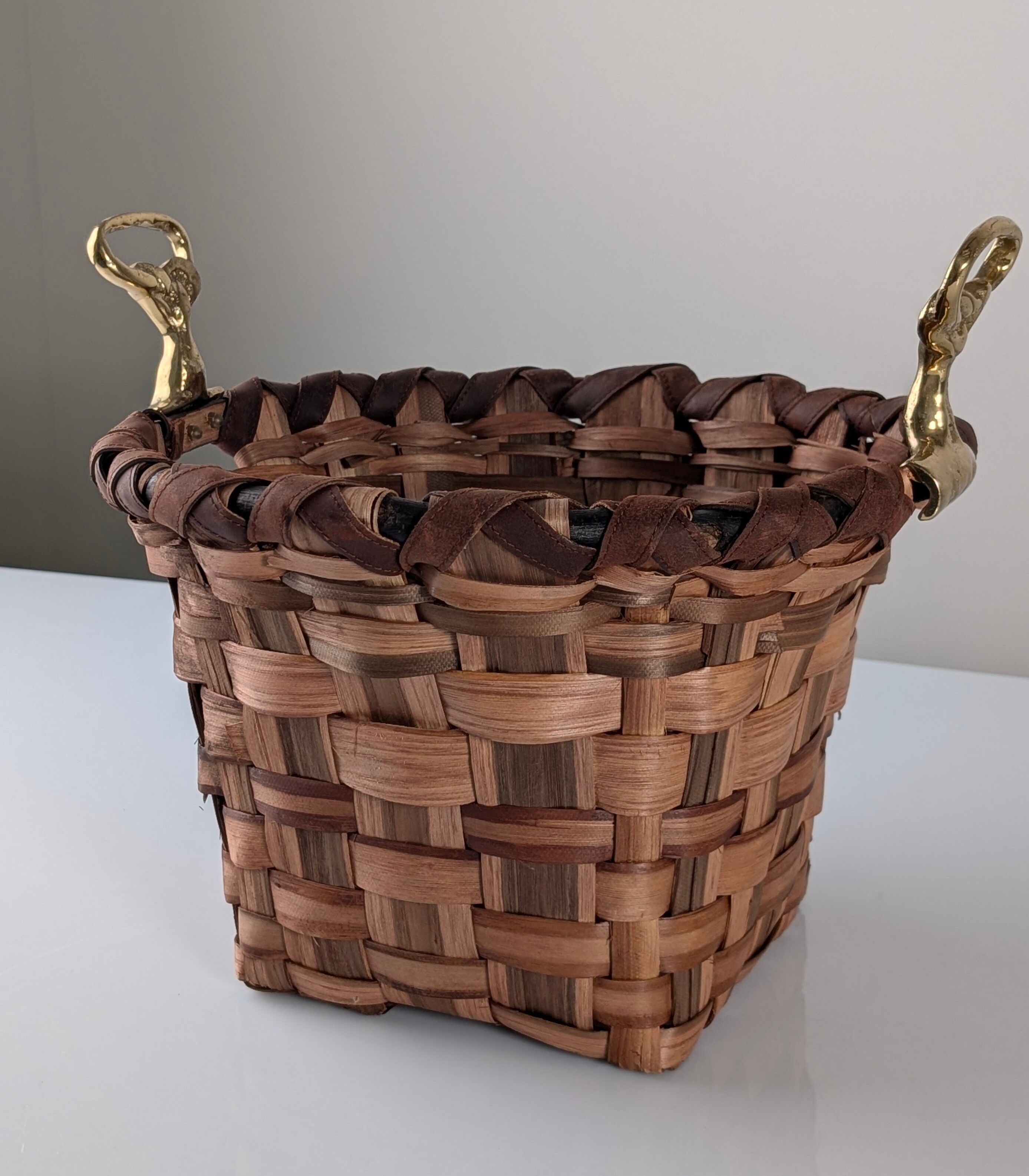 David Marshall brutalist splint wood and cast brass basket, 1970s