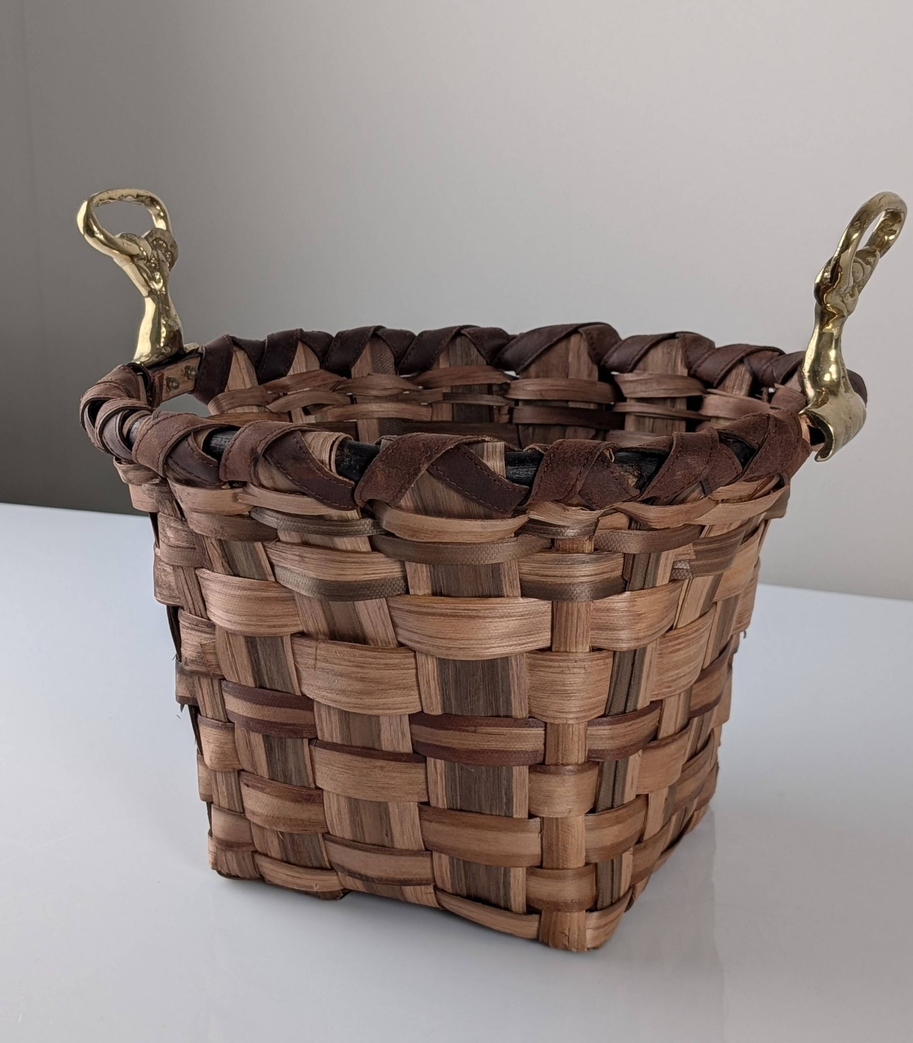 David Marshall brutalist splint wood and cast brass basket, 1970s