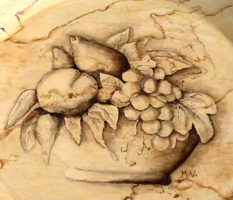 Painted sheet metal serving tray Fruit basket decor on beige background with marbled effect