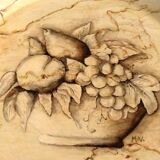 Painted sheet metal serving tray Fruit basket decor on beige background with marbled effect