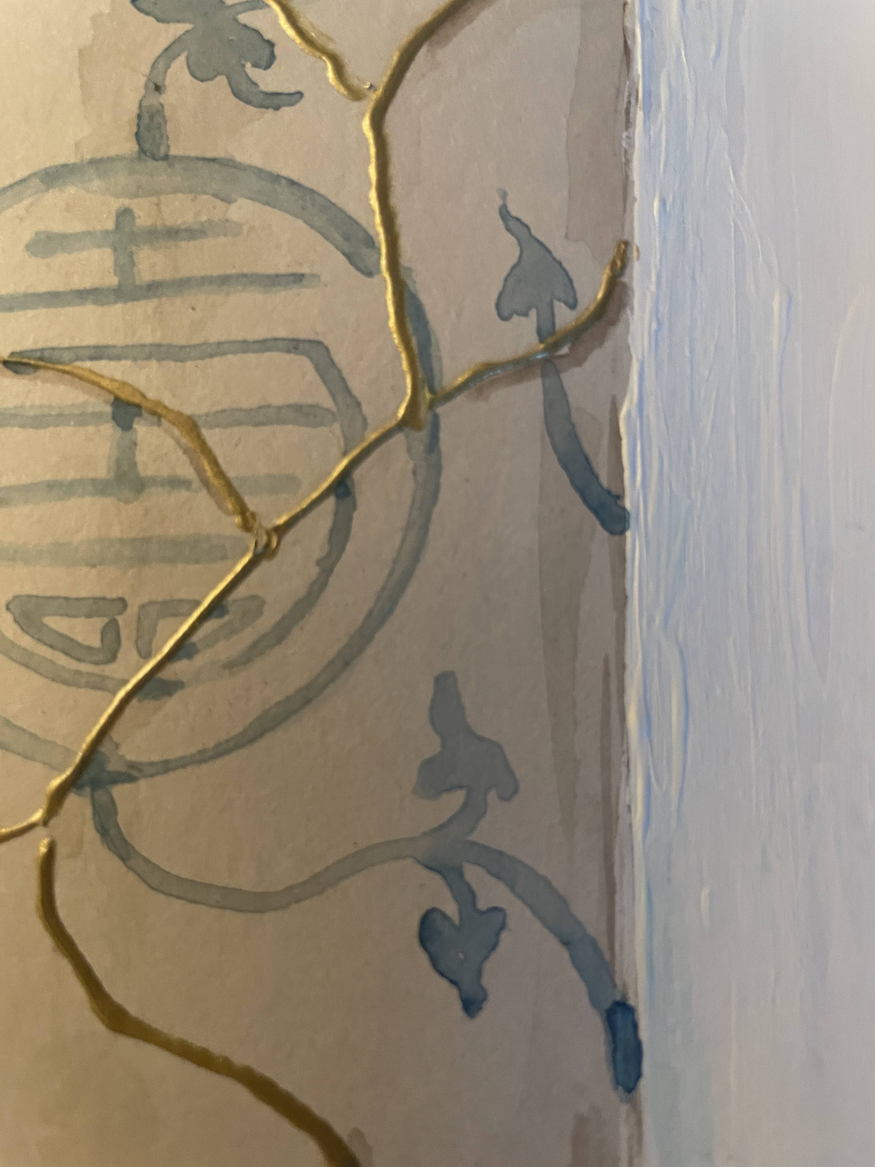 Painting signed “Japanese Kintsugi vase” mixed media + iridescent gold