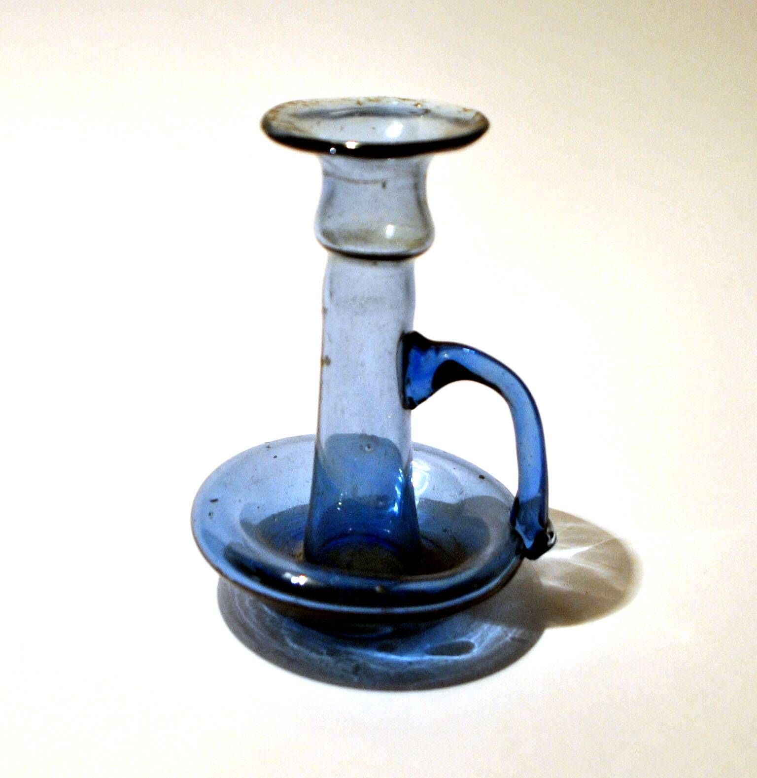 Antique candle holder in blue blown glass ras de cave folk art 19th c.