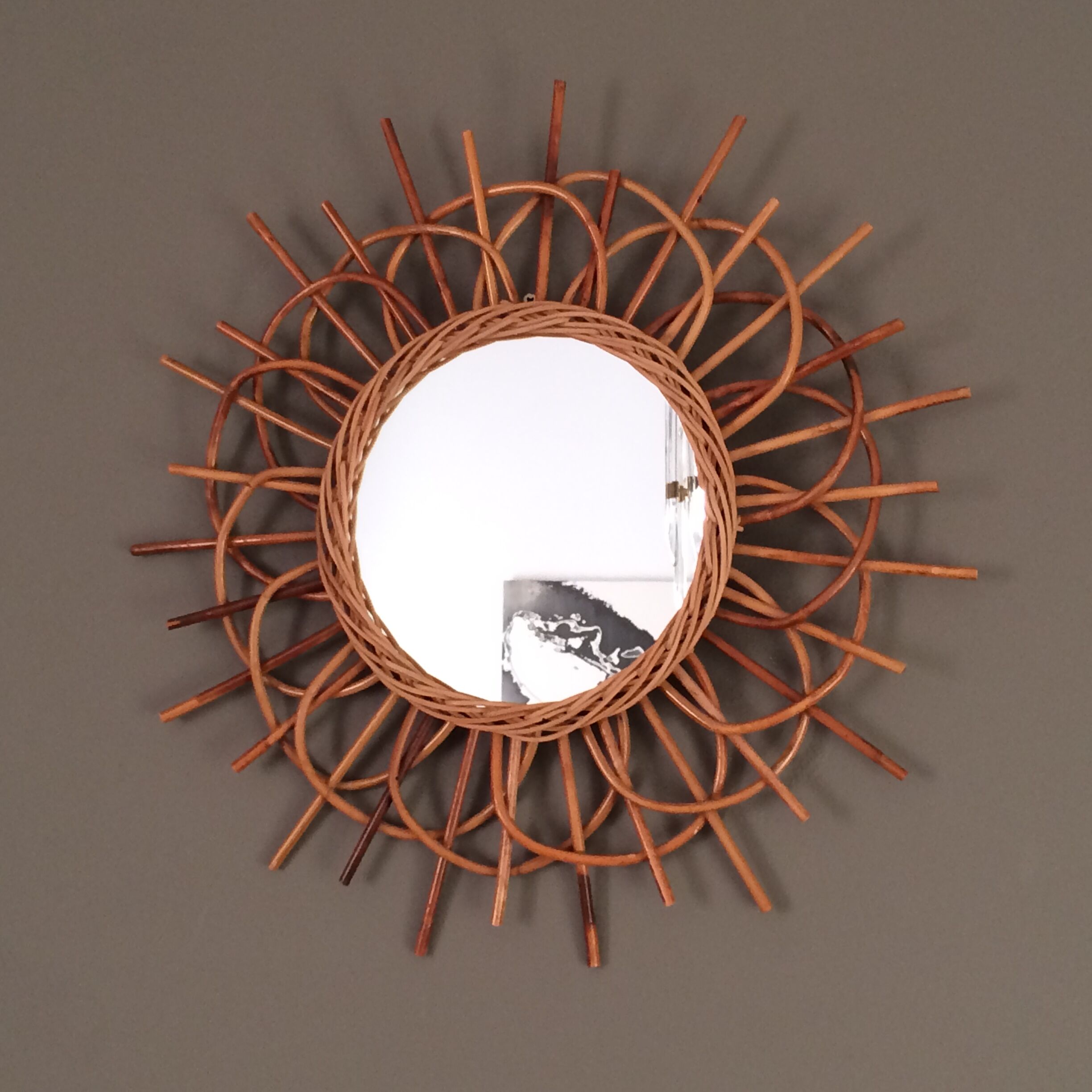 Mirror sun in arched rattan 54cm, 1960