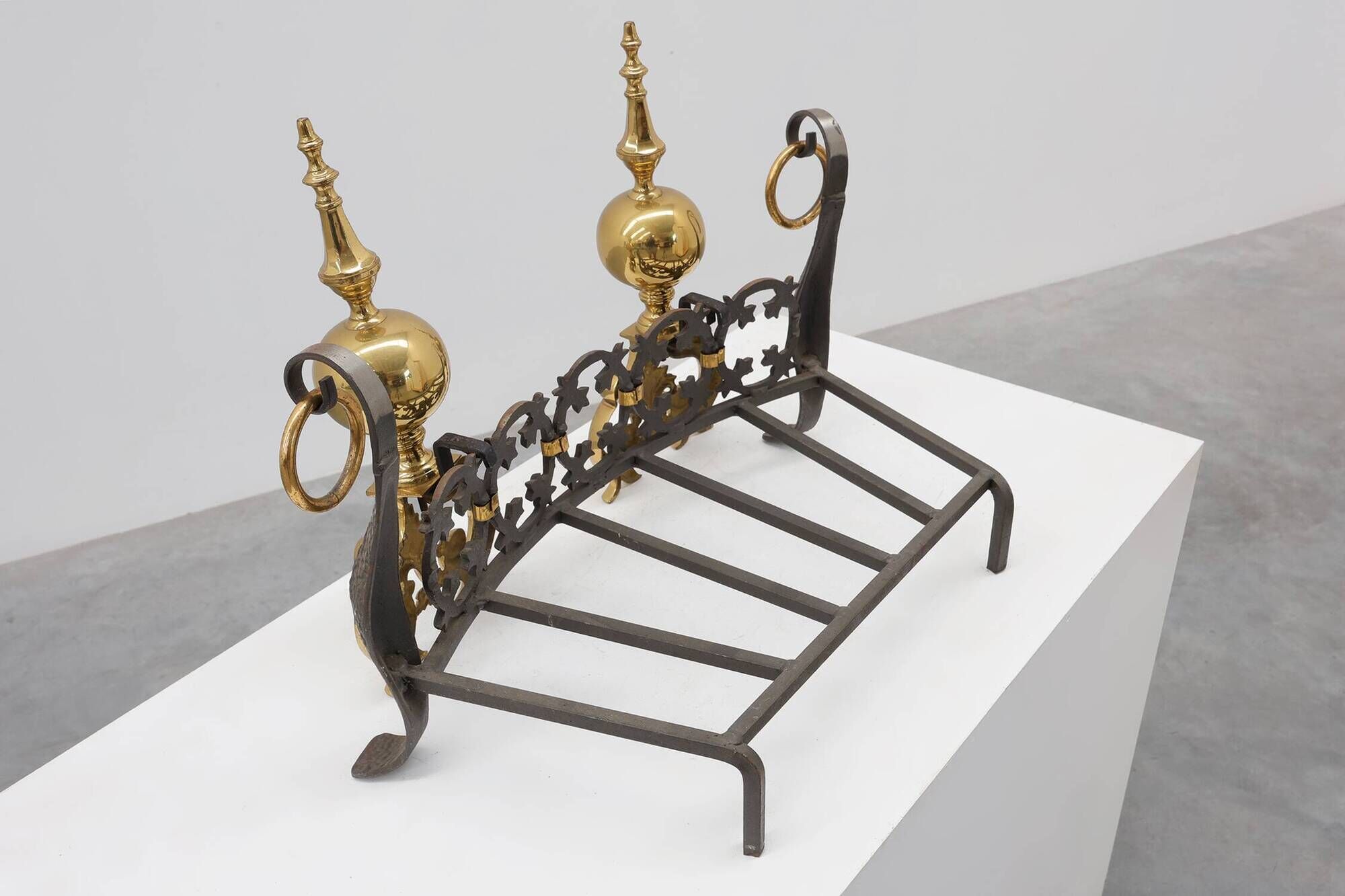 Pair of French Brass Firedogs and Wrought Iron Fireplace Grate, 20th Centur