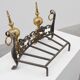Pair of French Brass Firedogs and Wrought Iron Fireplace Grate, 20th Centur