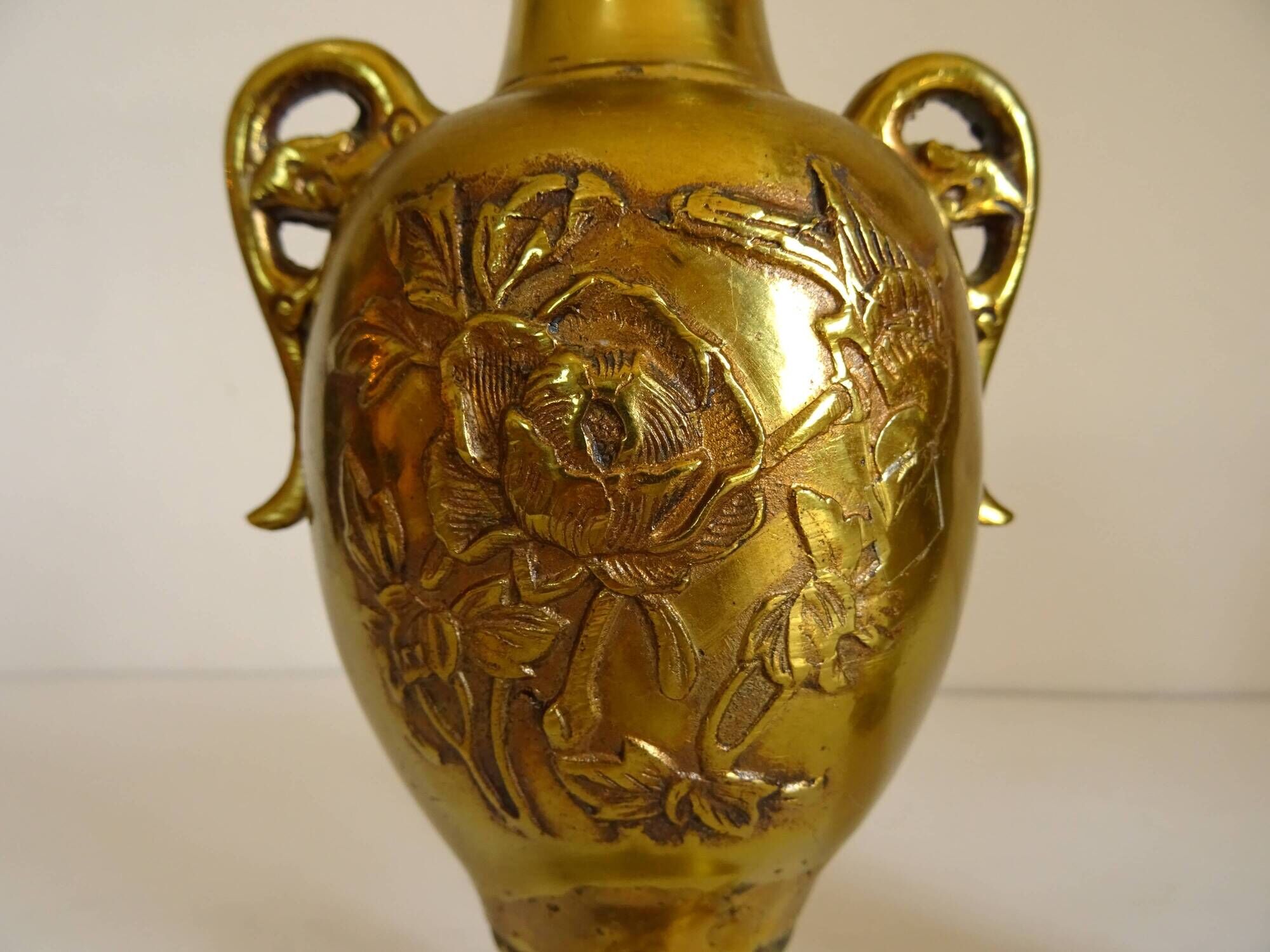 Pair of Gilt Bronze Vases / 19th Japan Meiji / Signed Fine Gold Flowers Birds