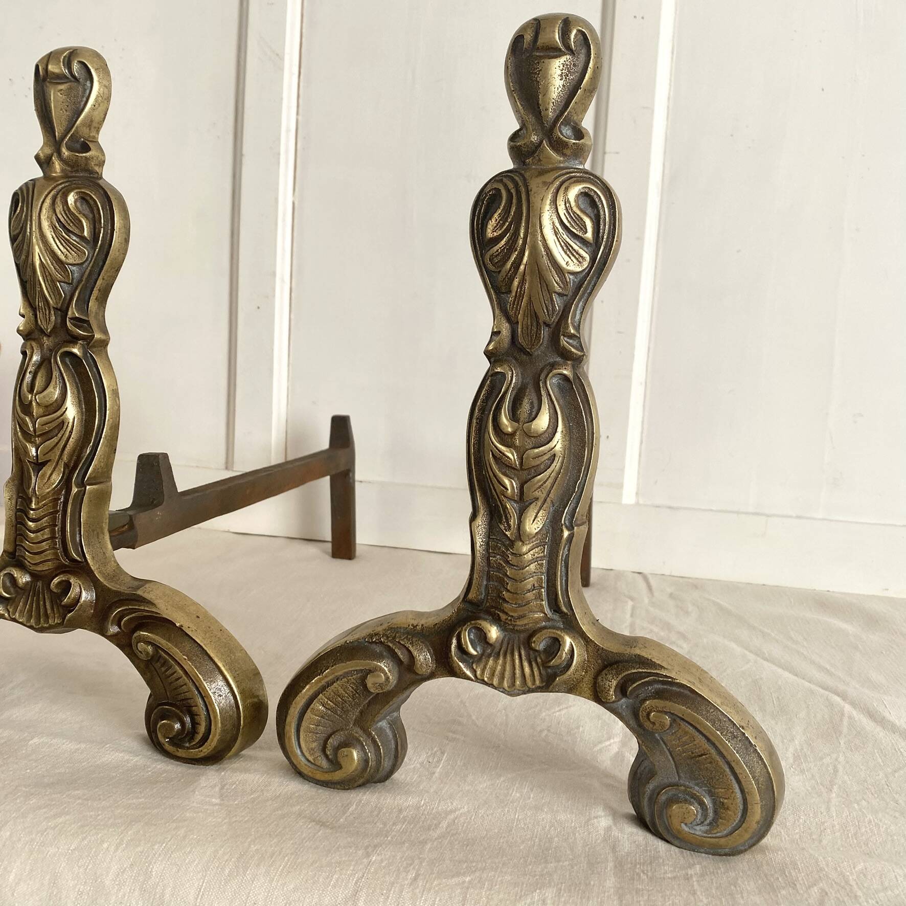 Pair of brass and cast iron fire dogs