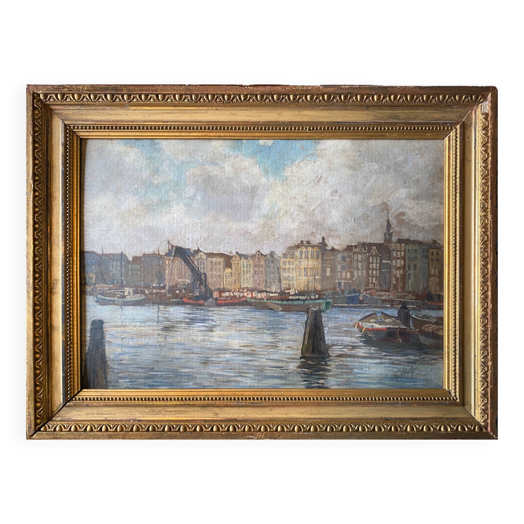 Tableau HSP school of the North Impressionist late 19th century marine port signed + frame
