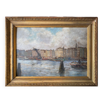 Painting hsp school of the north impressionist late 19th century marine port signed + frame