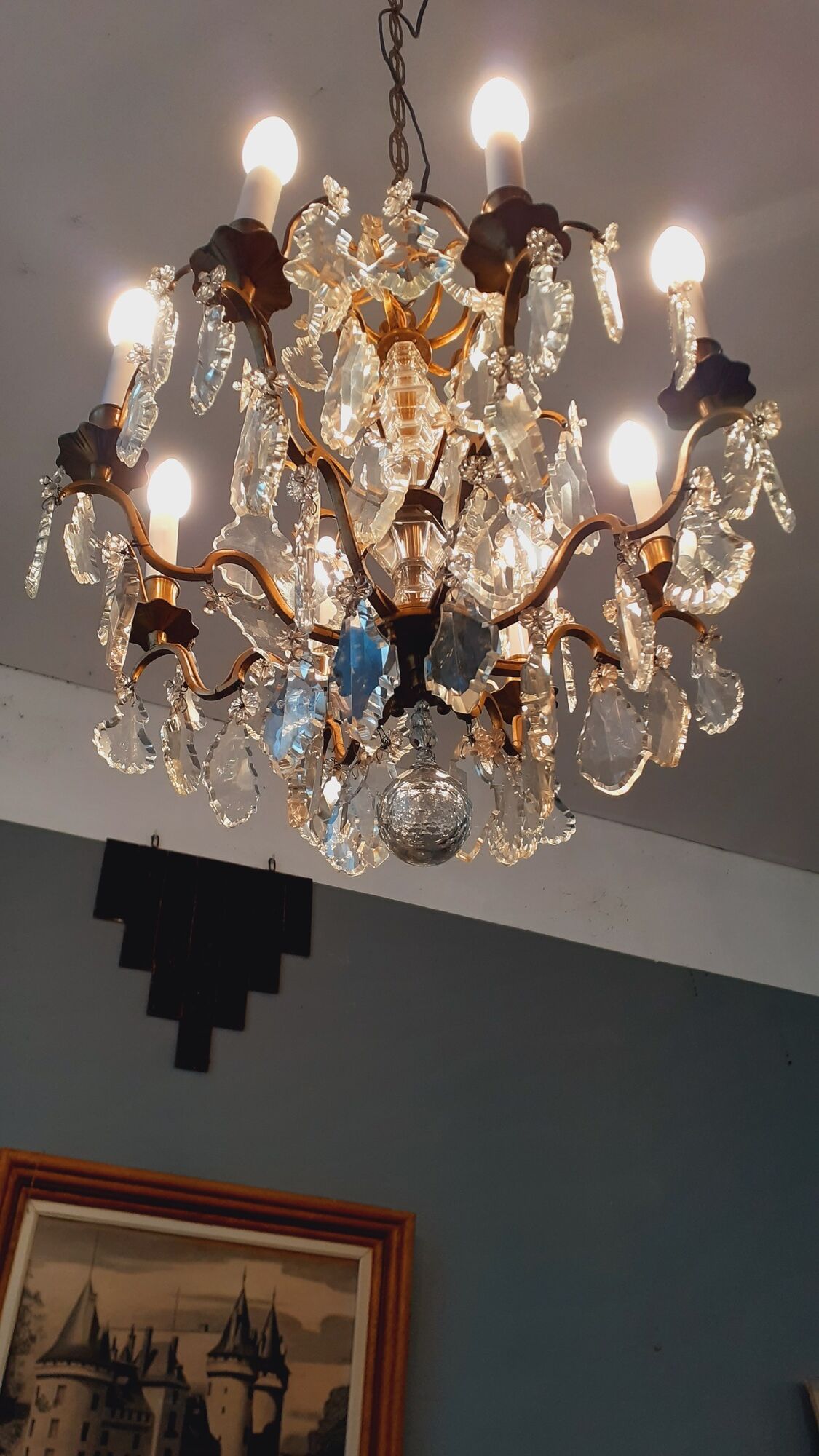 Chandelier cage with grapevines 8 lights Louis XV style in bronze and crystal around 1900