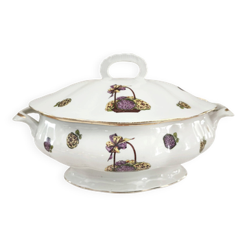 Limoges porcelain soup tureen with hydrangea basket decoration.