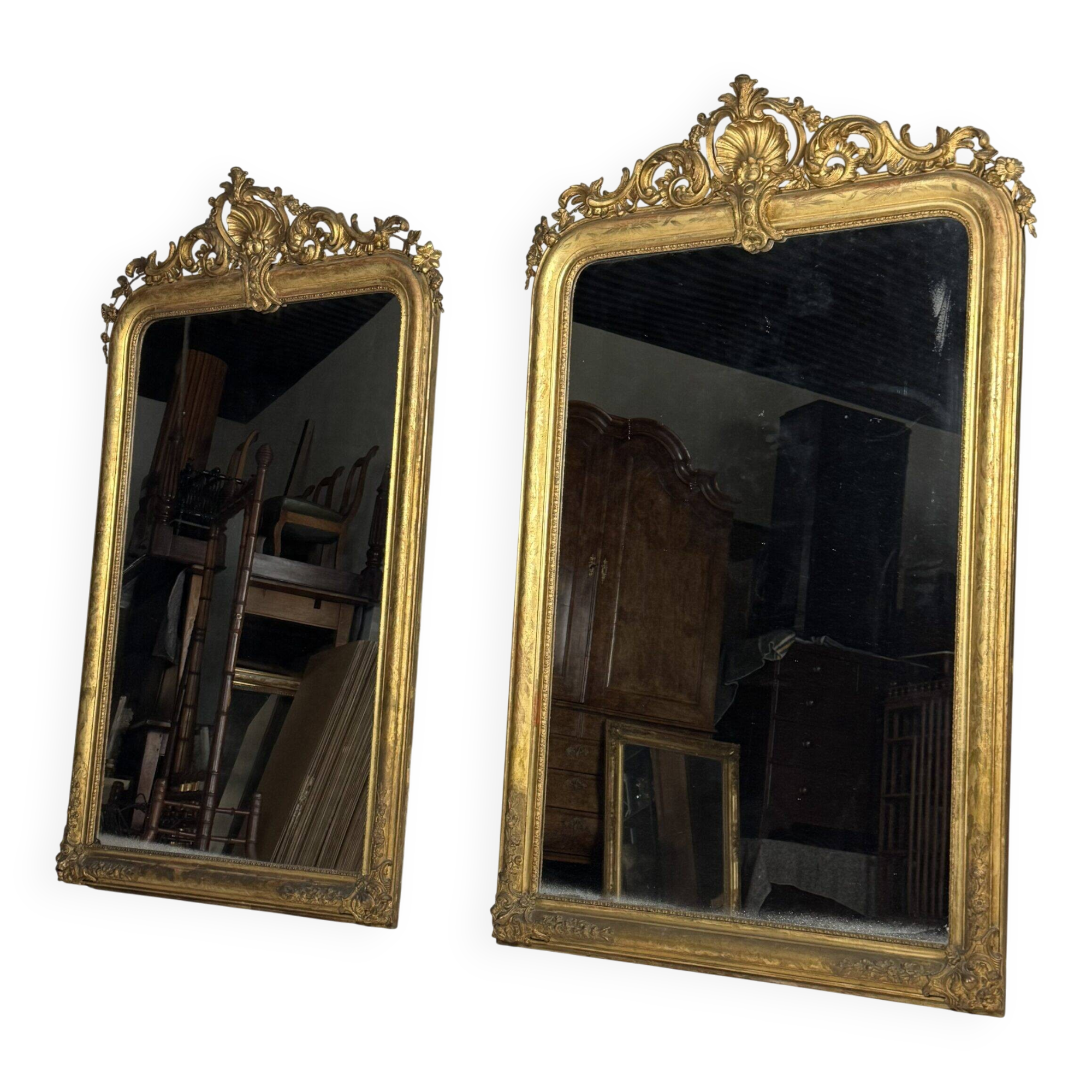 Ensemble de 2 miroirs dorés antiques français du 19ème siècle