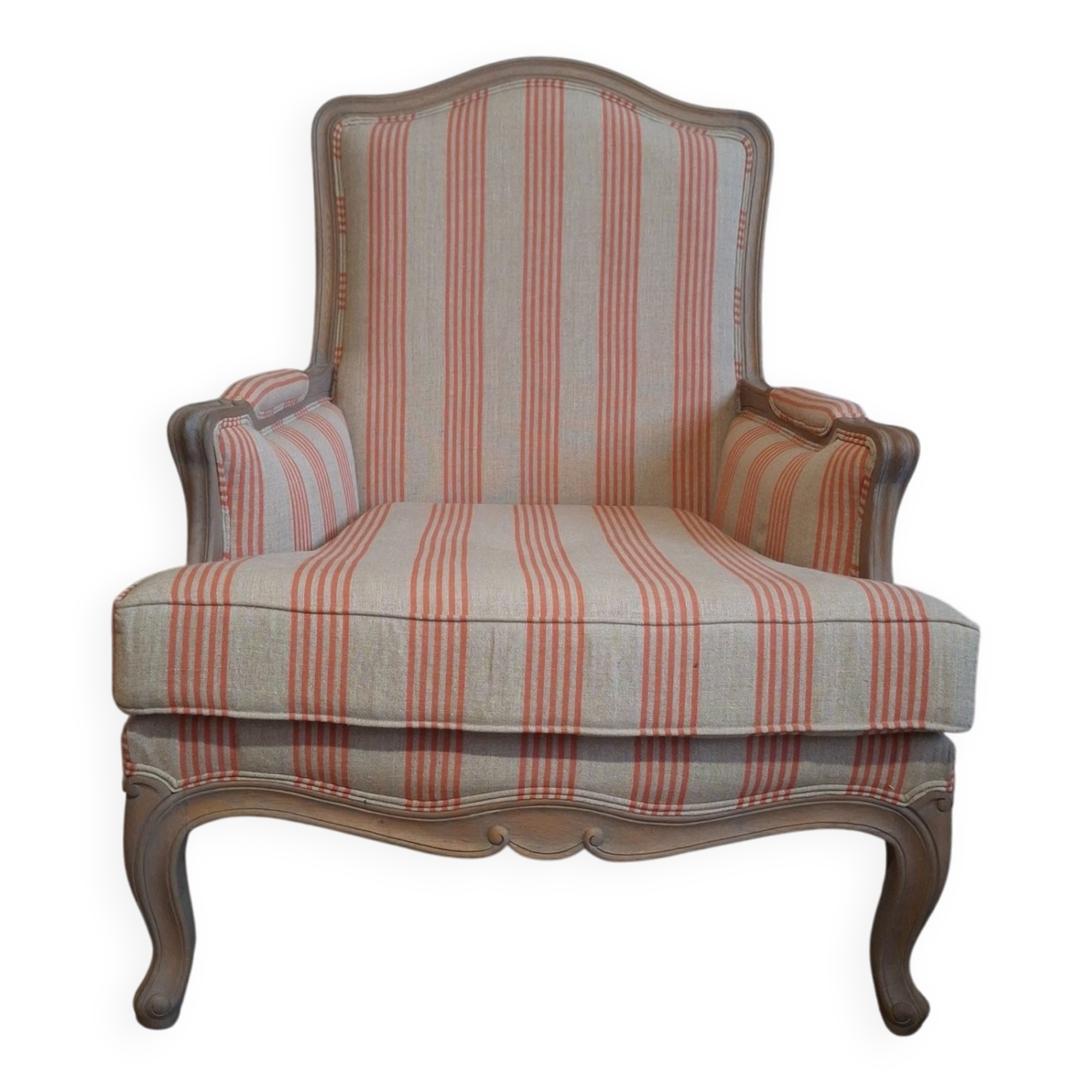 Louis XV bergère style, cerused, reupholstered in coral striped linen – Very good condition.