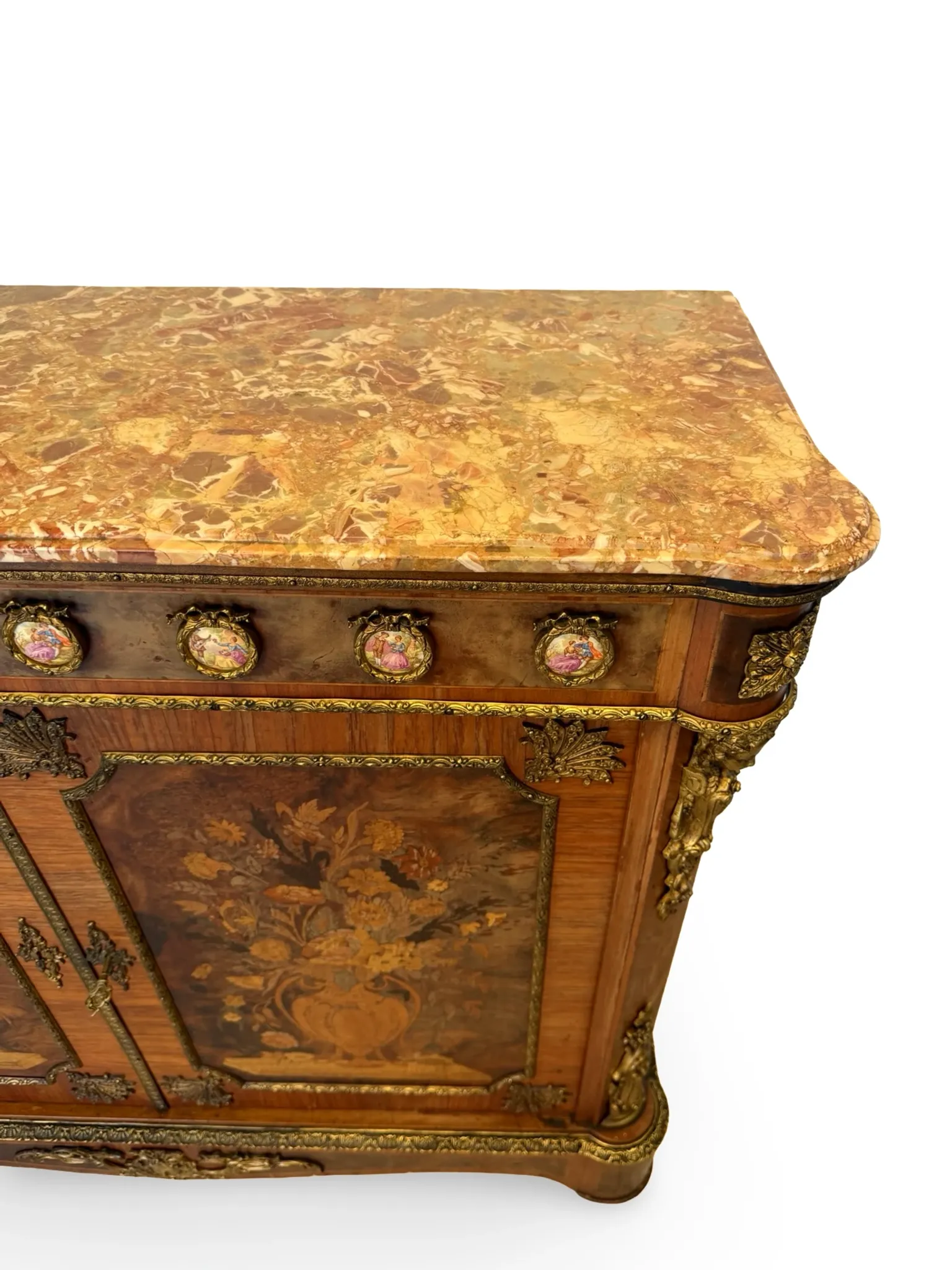 An antique French Louis XVI-style marble-top side cabinet