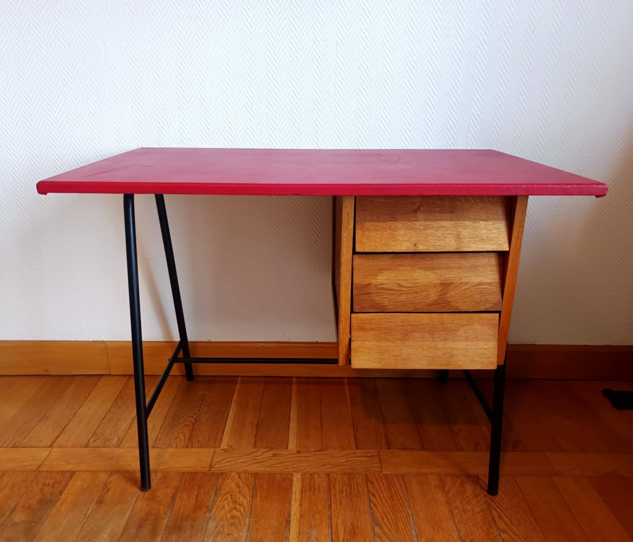 Bureau mid century skaï rouge