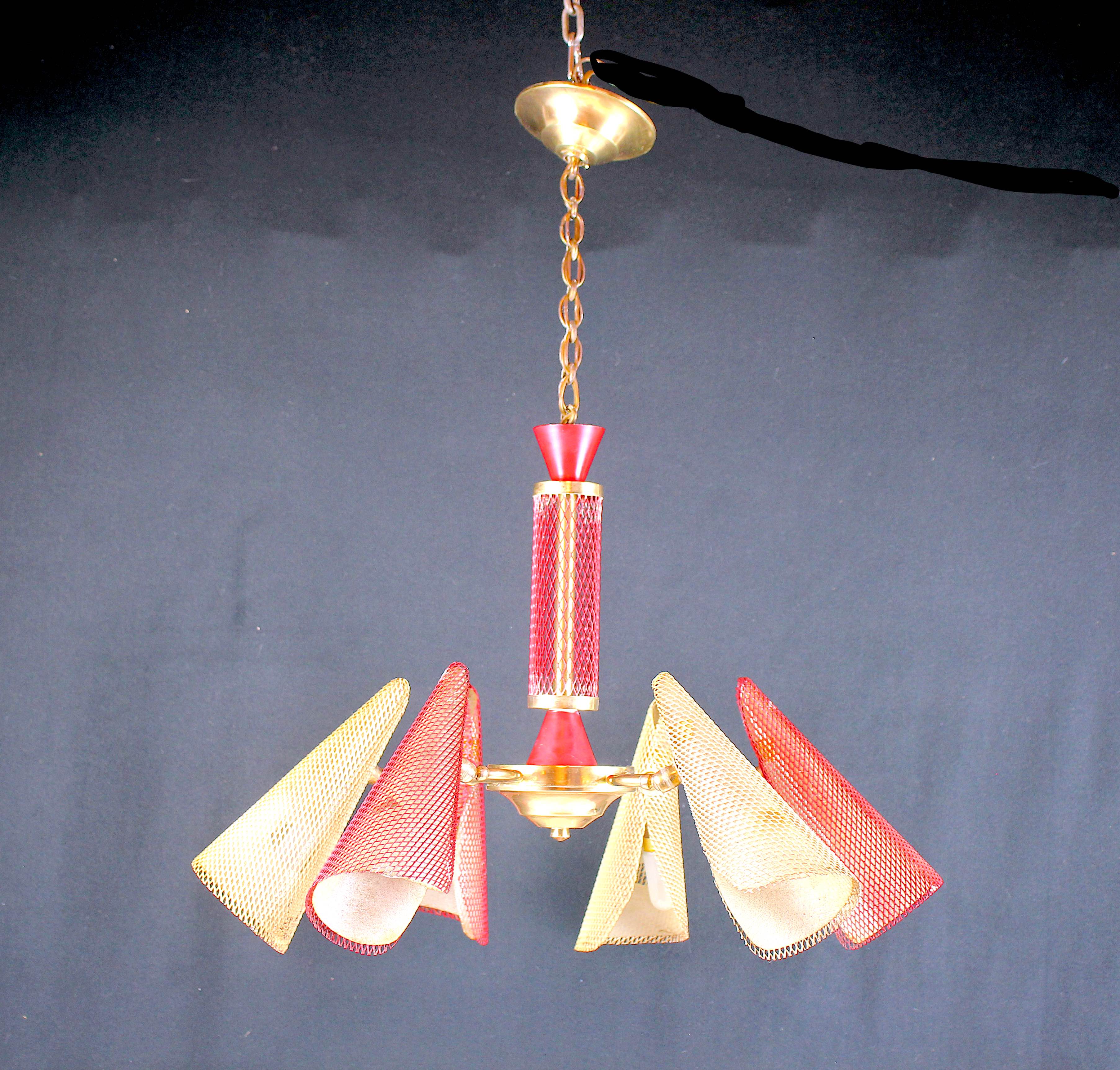 Bi-color chandelier, perforated metal, France Mid-Century