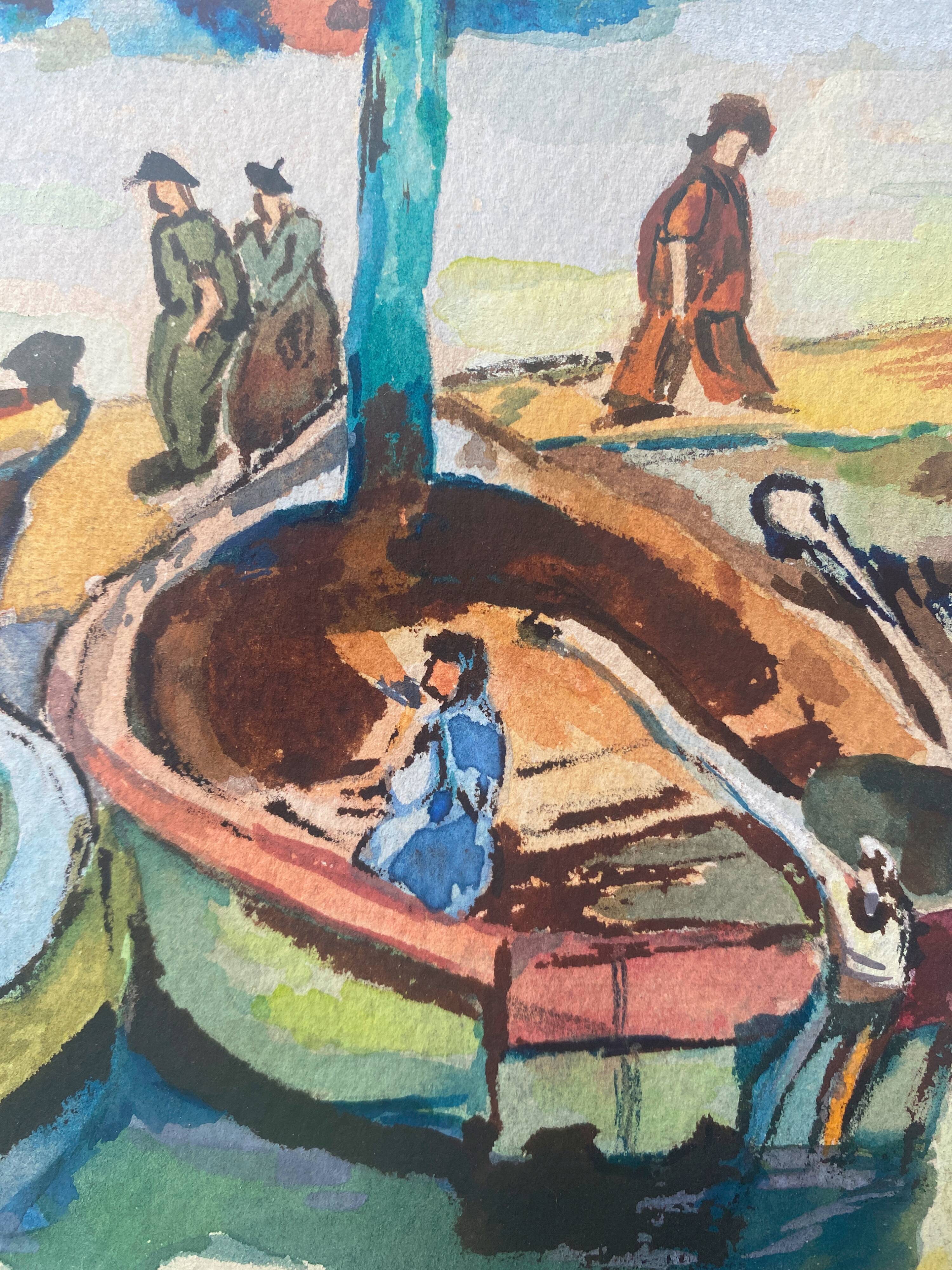 Original Gouache painting "Marin au port" signed G. Peyrondet around 1950