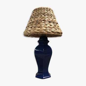 Ceramic blue lamp and wicker