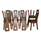 8 brutalist solid oak chairs